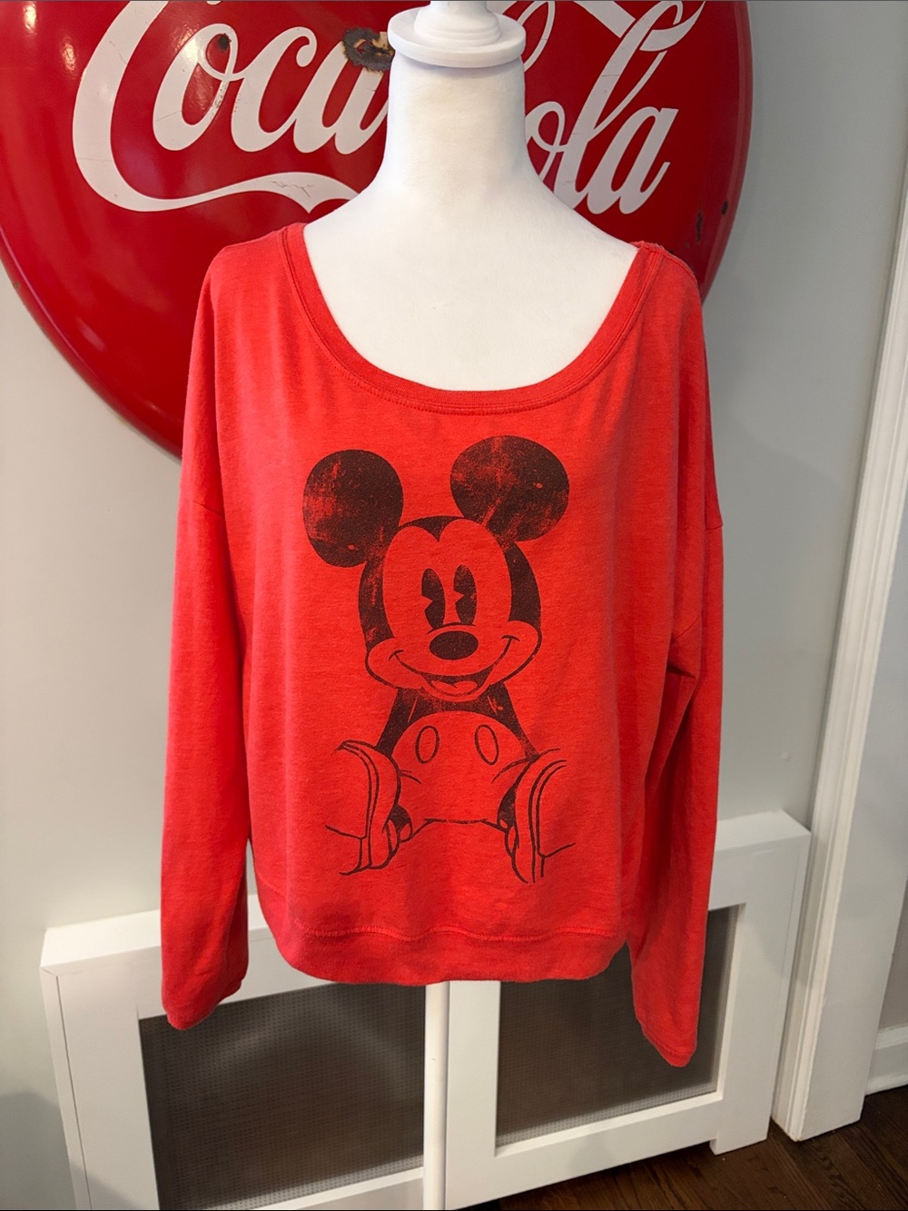 Disney Mickey Retro Print Cropped Slouch Scoop Neck Sweatshirt LS Top, size L